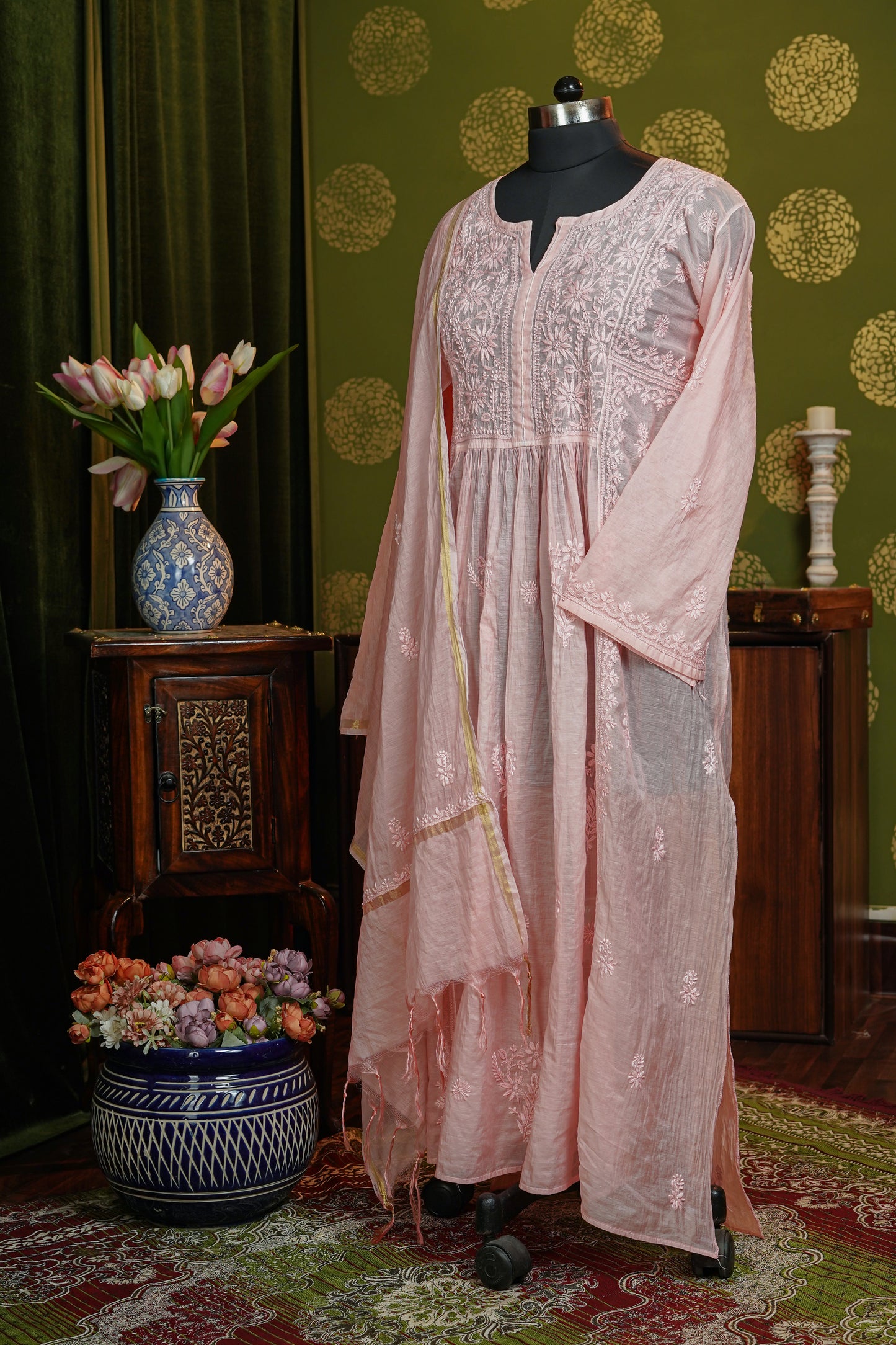 Pure Mul chanderi gown finest chikankari with dupatta - dyable