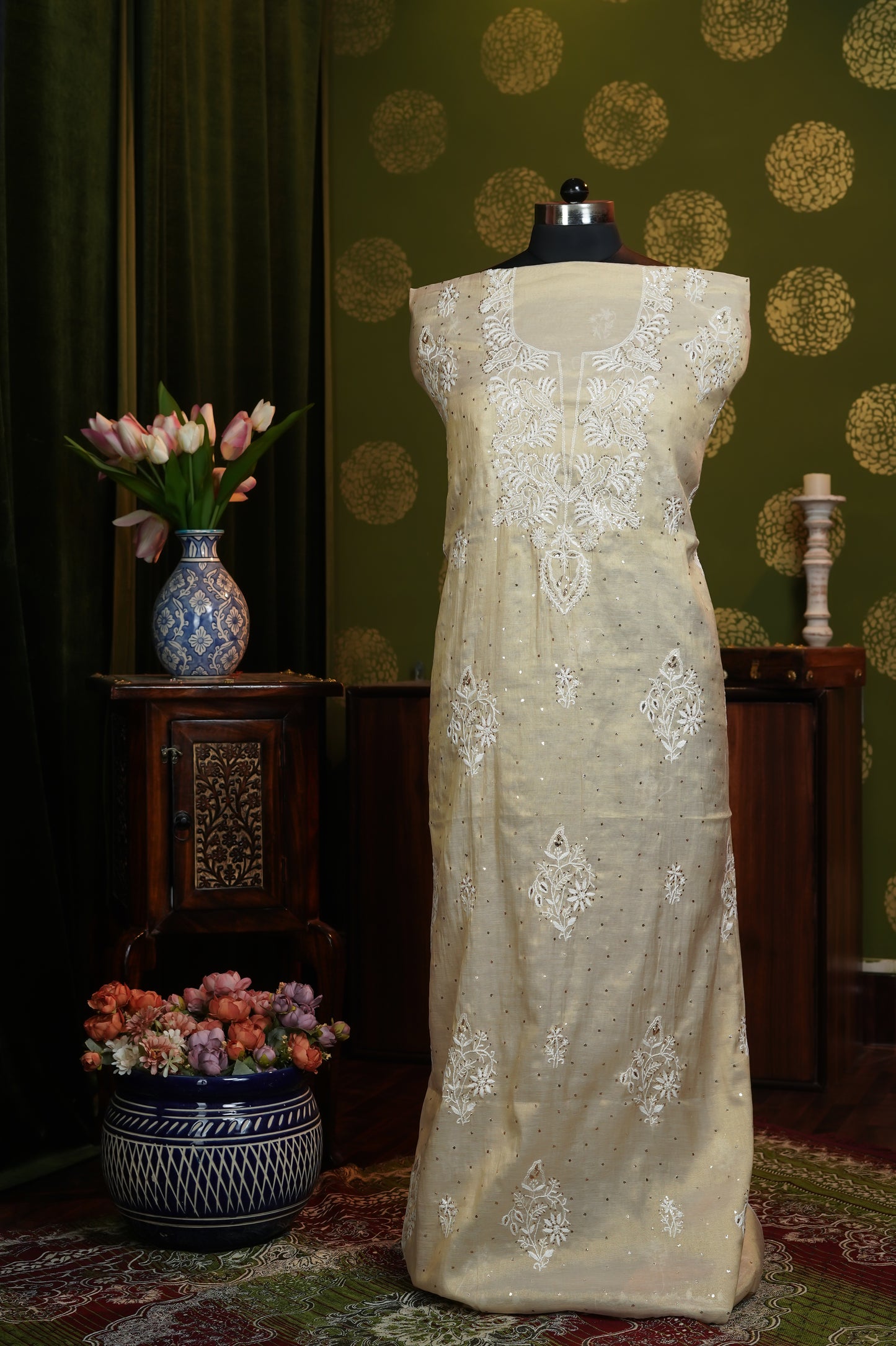 Dress material in Tissue fabric Neckline with Heavy boota with dupatta and Baadla work
