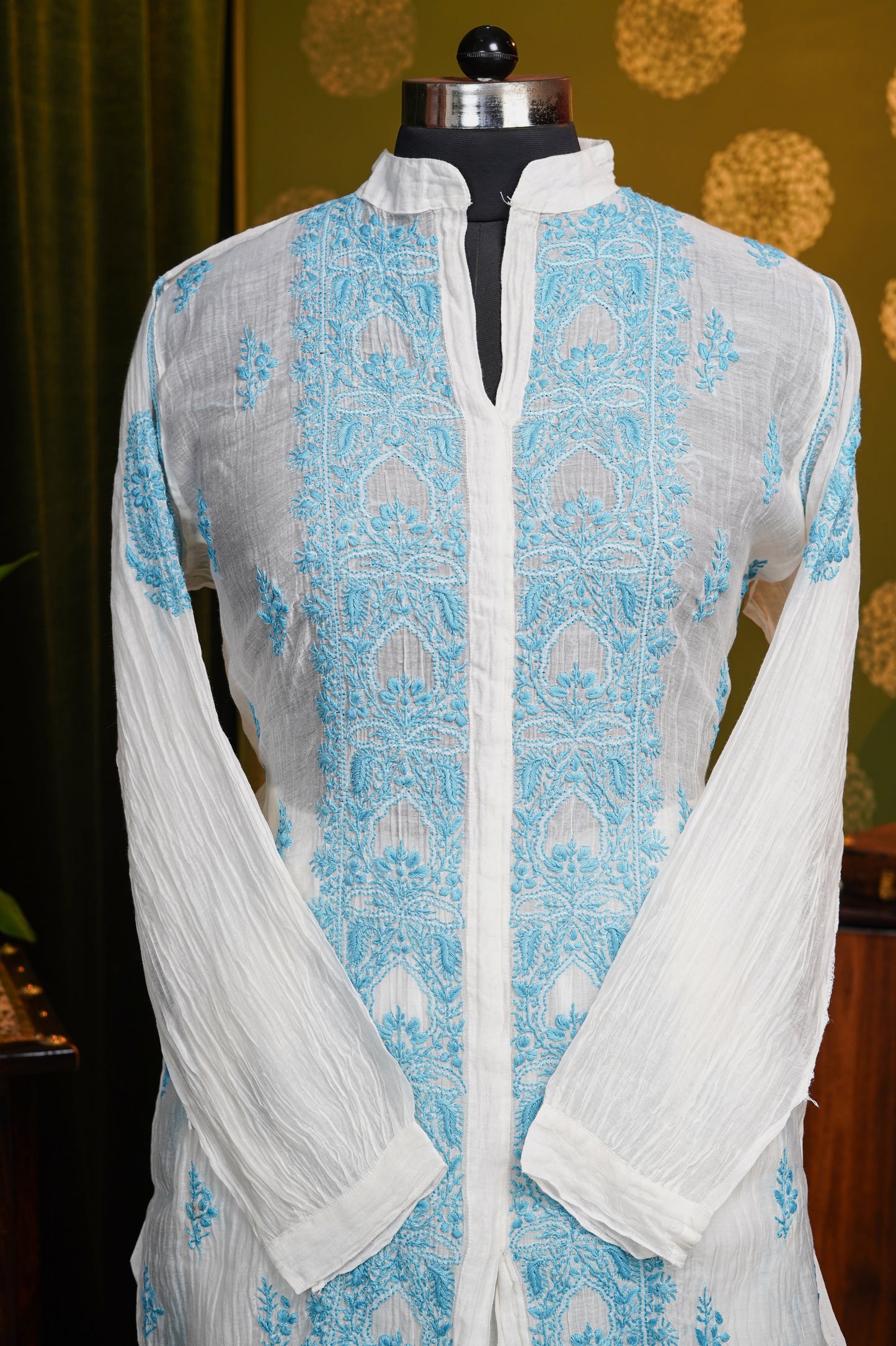 Pure Mul chanderi fabric chikankari cod set with semi stiched pant - dyable fabric