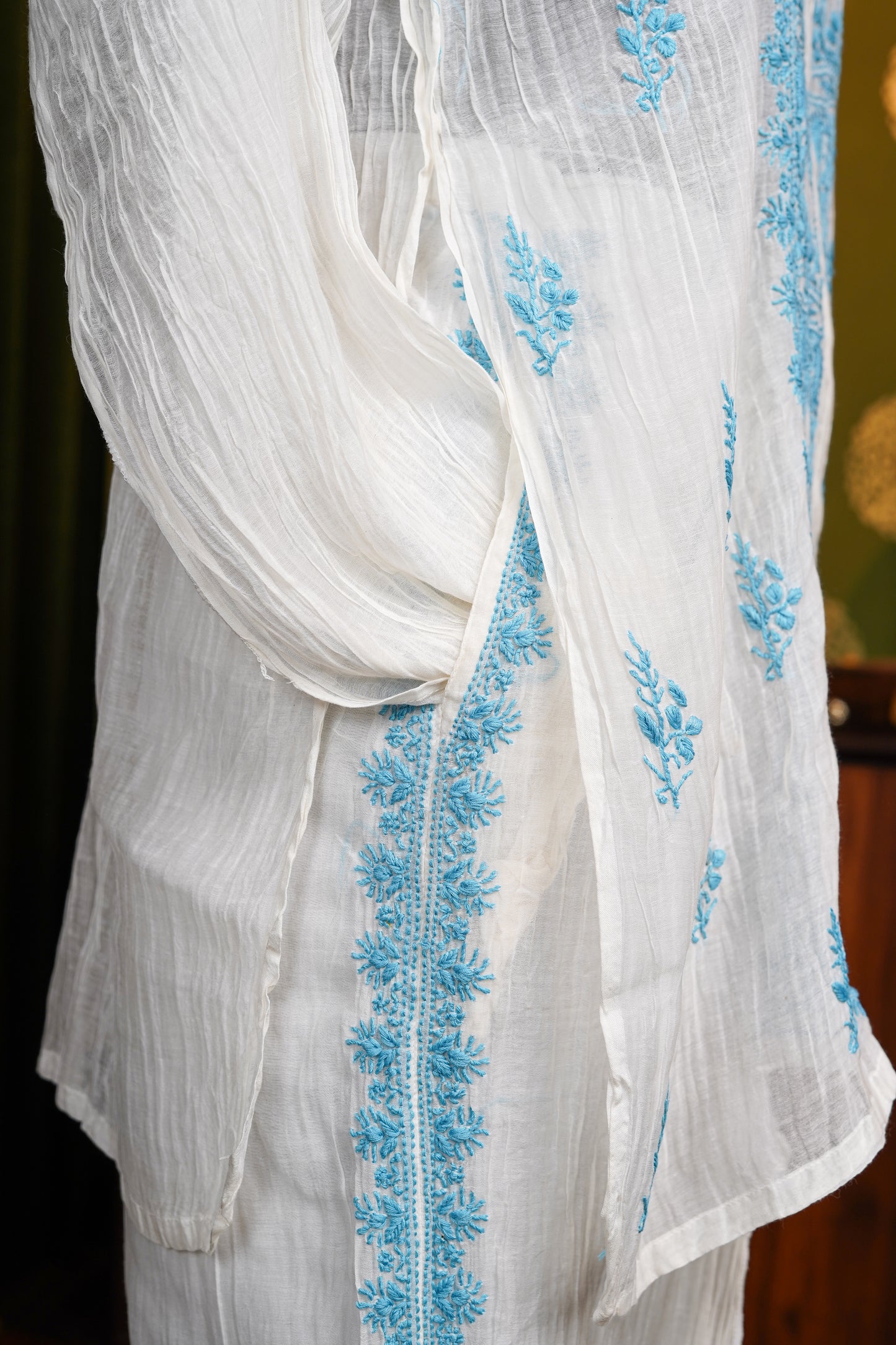 Pure Mul chanderi fabric chikankari cod set with semi stiched pant - dyable fabric
