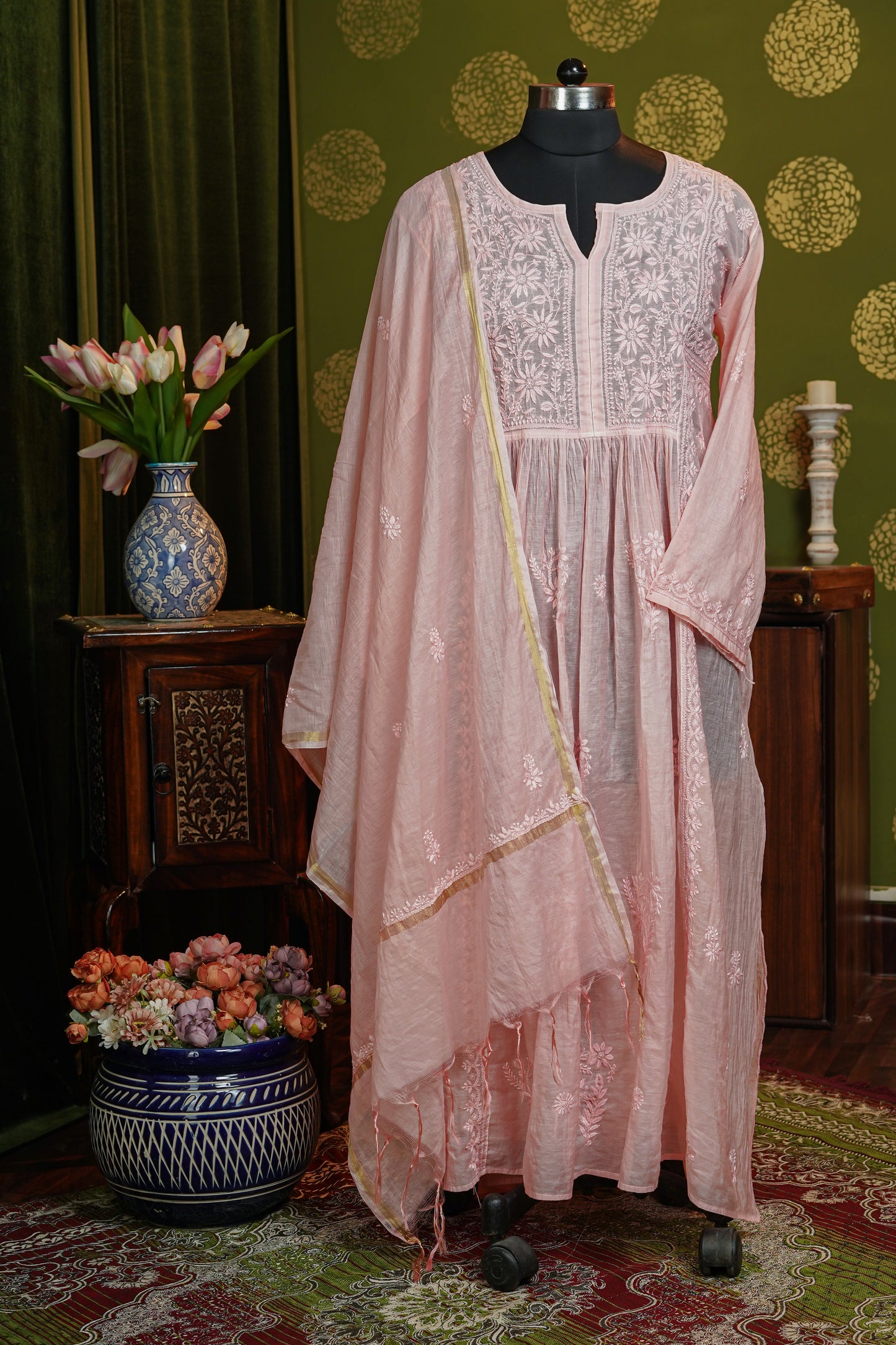 Pure Mul chanderi gown finest chikankari with dupatta - dyable