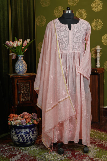 Pure Mul chanderi gown finest chikankari with dupatta - dyable