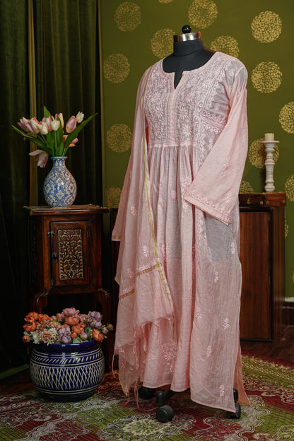 Pure Mul chanderi gown finest chikankari with dupatta - dyable