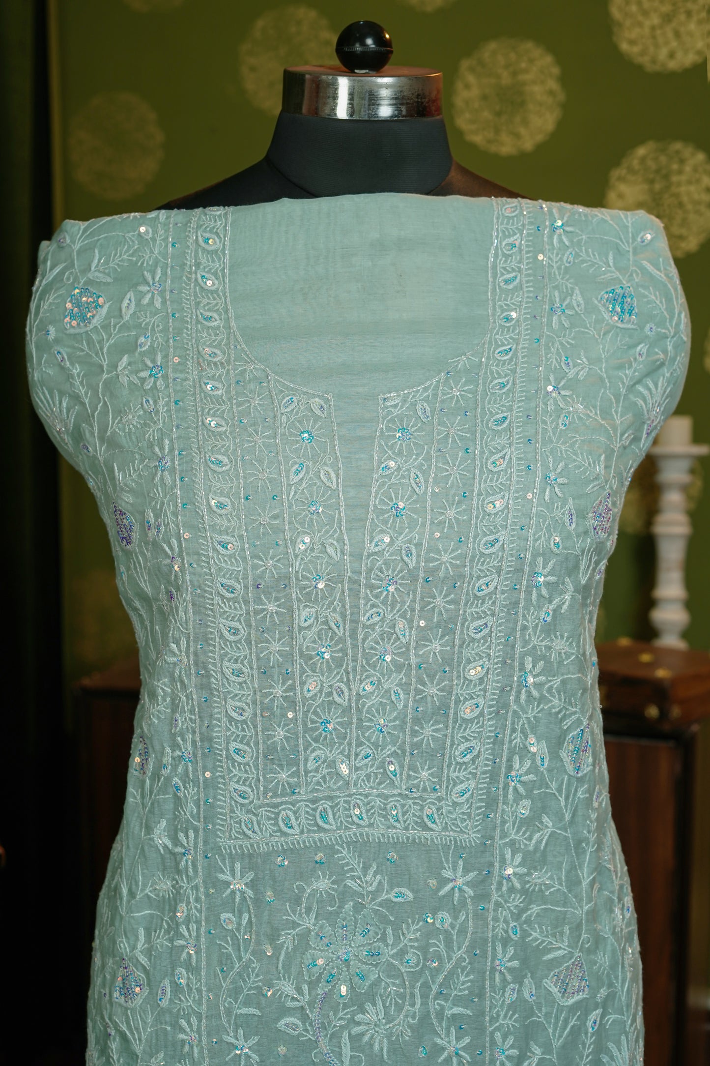 Pure Mul chanderi traditional chikanakri full jaal, cutdana with sequence + dupatta - dyable - unstiched dress material