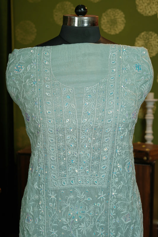 Pure Mul chanderi traditional chikanakri full jaal, cutdana with sequence + dupatta - dyable - unstiched dress material