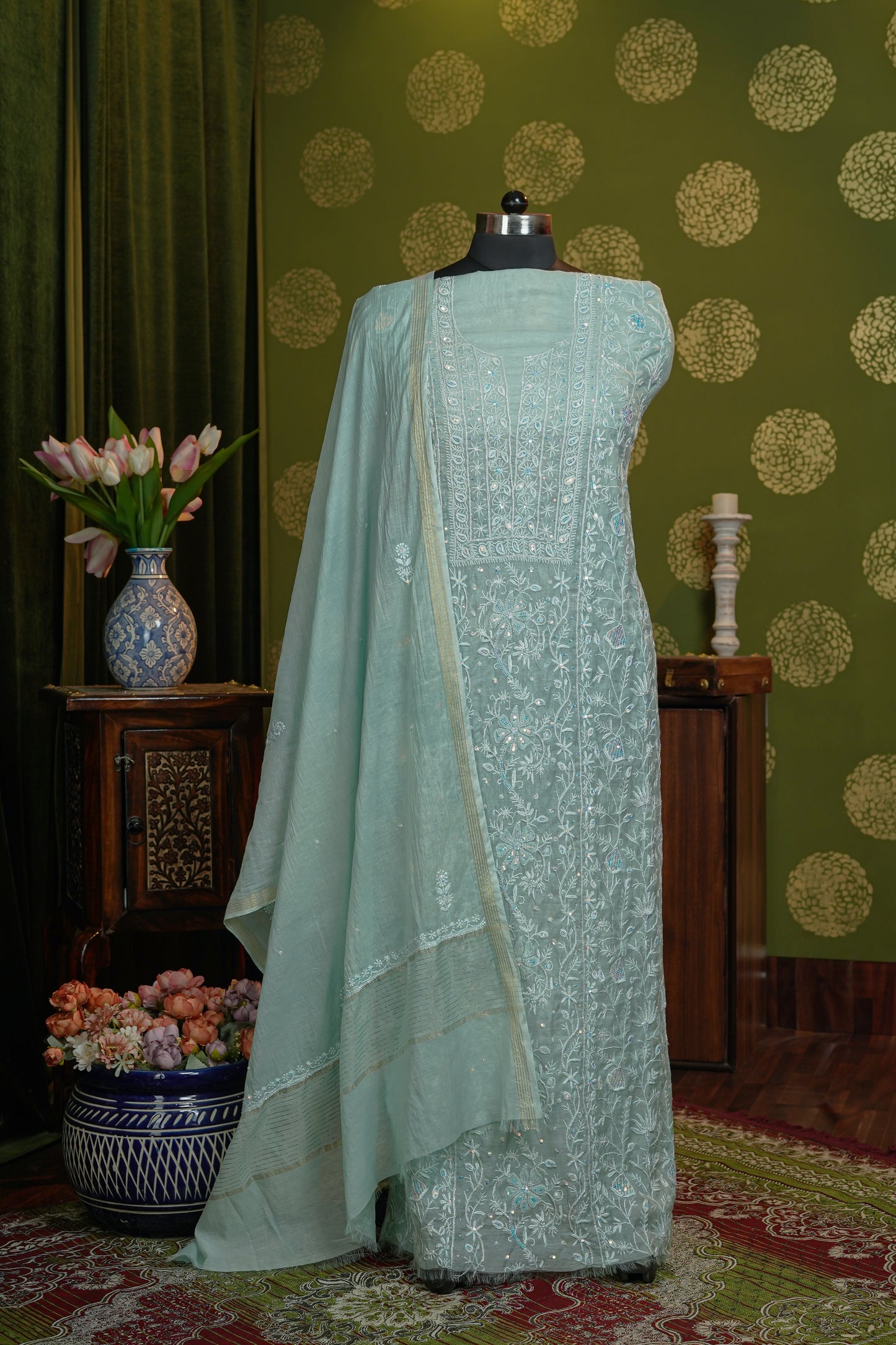 Pure Mul chanderi traditional chikanakri full jaal, cutdana with sequence + dupatta - dyable - unstiched dress material