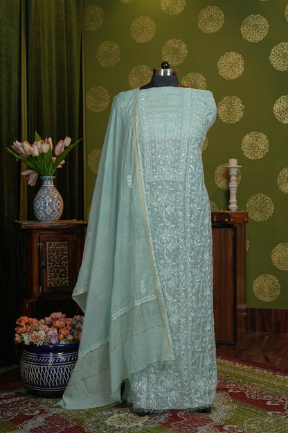Pure Mul chanderi traditional chikanakri full jaal, cutdana with sequence + dupatta - dyable - unstiched dress material
