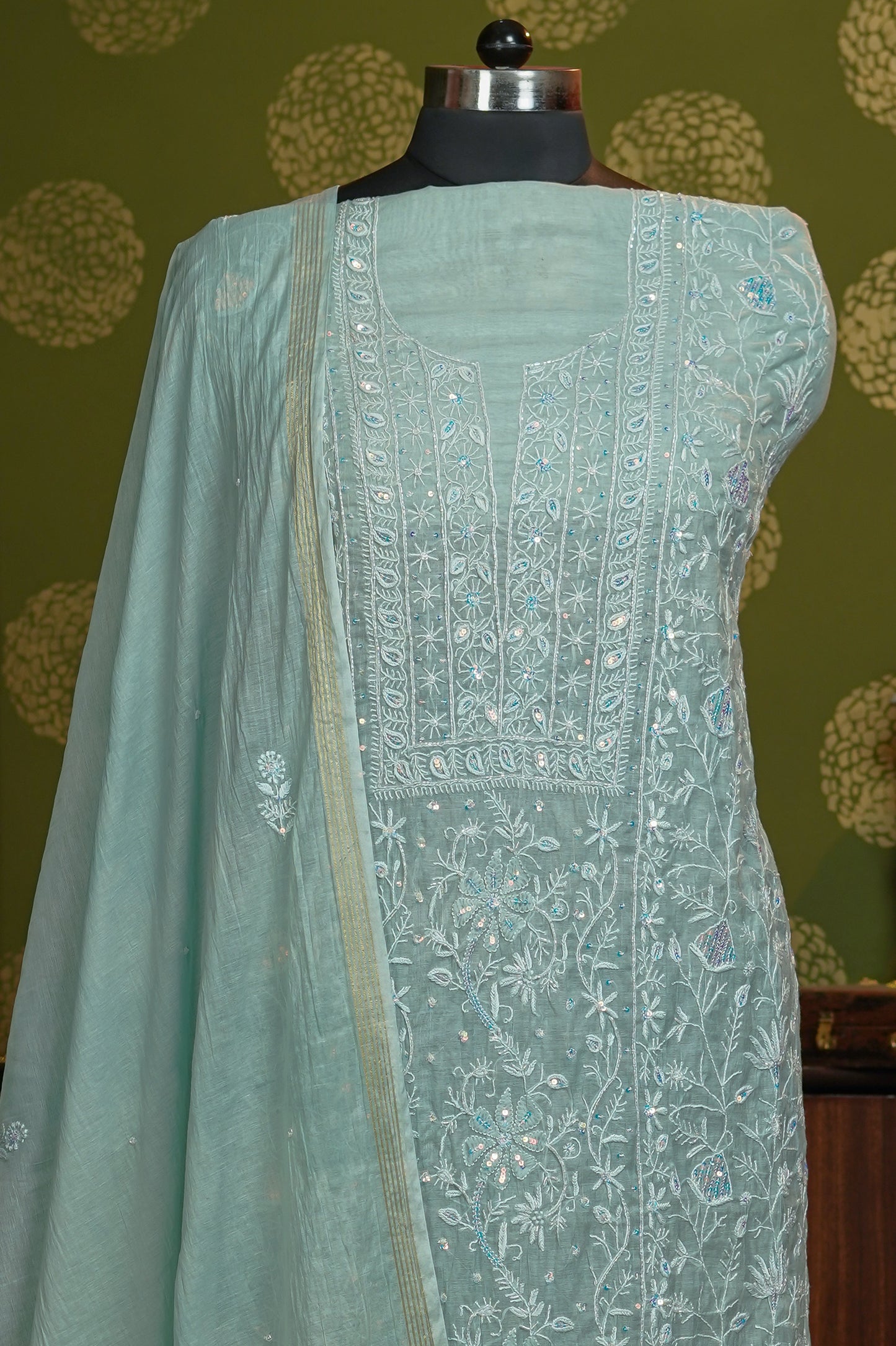 Pure Mul chanderi traditional chikanakri full jaal, cutdana with sequence + dupatta - dyable - unstiched dress material