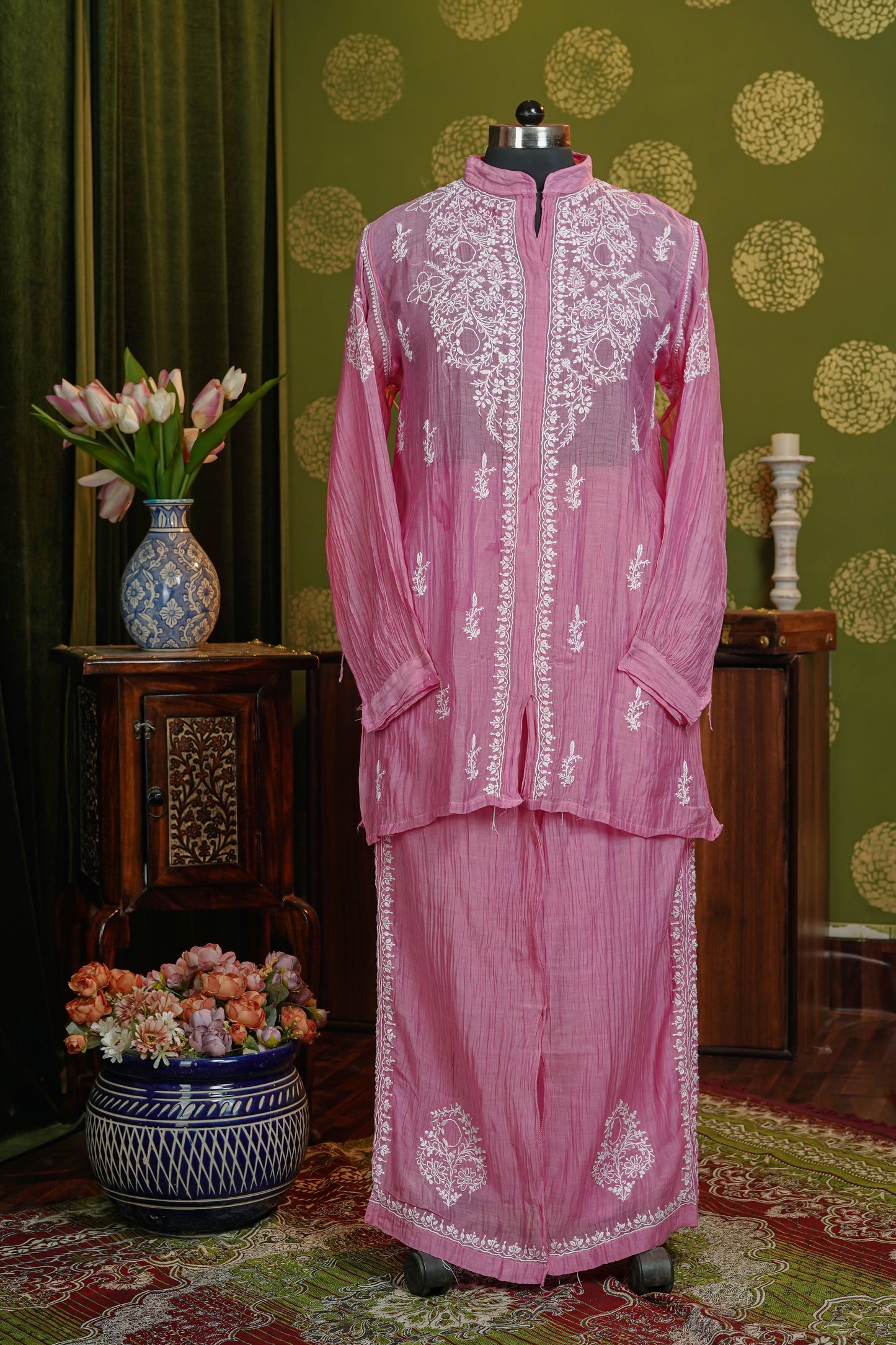 Pure Mul chanderi fabric chikankari cod set with semi stiched pant - dyable fabric