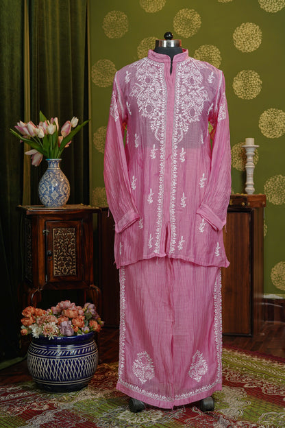 Pure Mul chanderi fabric chikankari cod set with semi stiched pant - dyable fabric