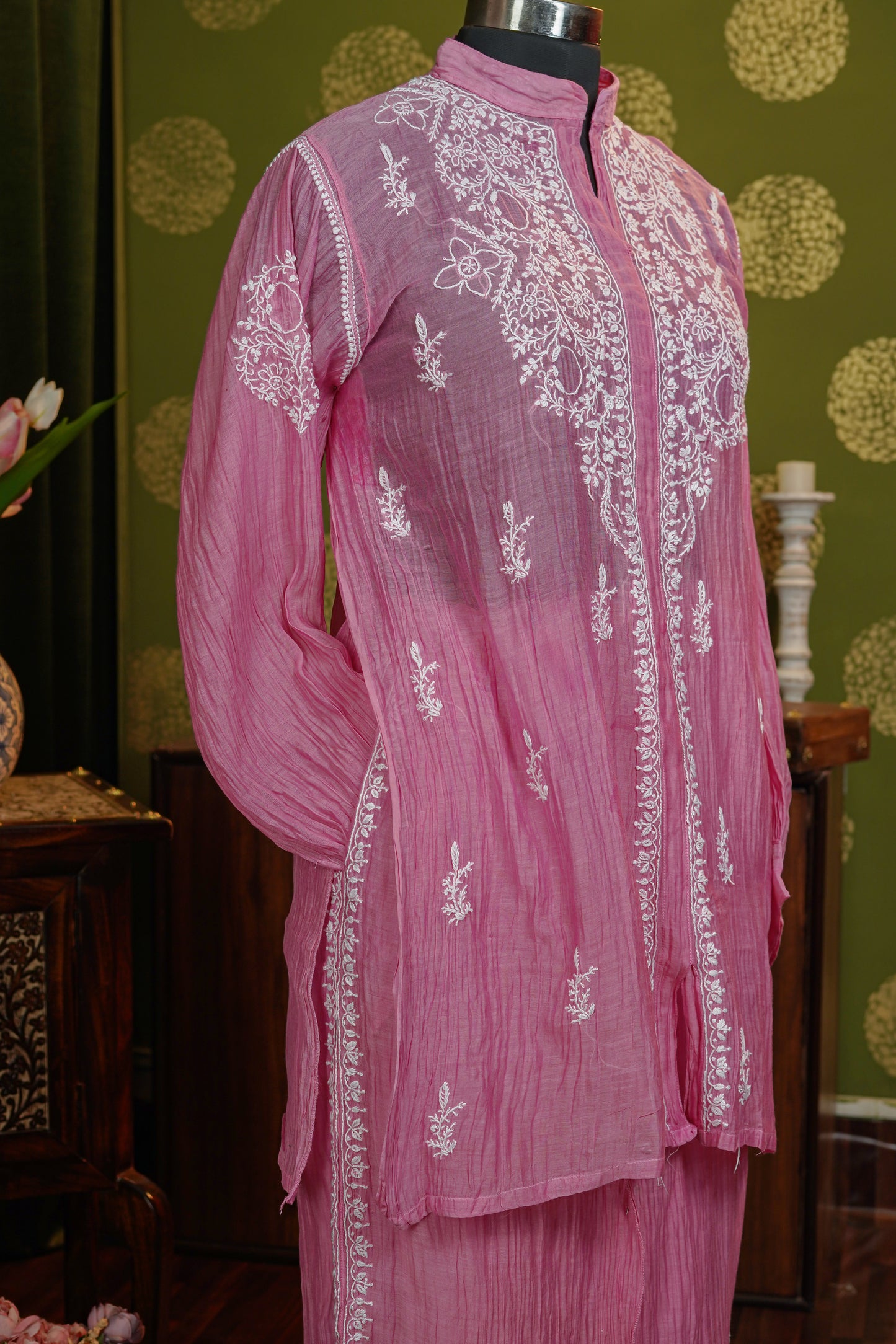 Pure Mul chanderi fabric chikankari cod set with semi stiched pant - dyable fabric