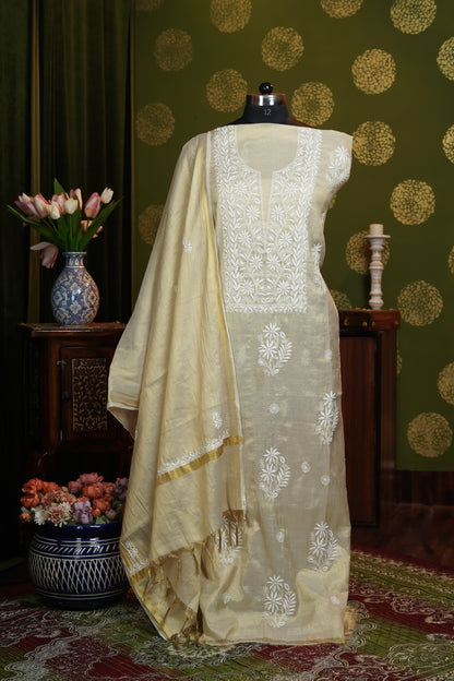 Dress material in Tissue fabric Neckline with Heavy boota - Only chikankari - dyable