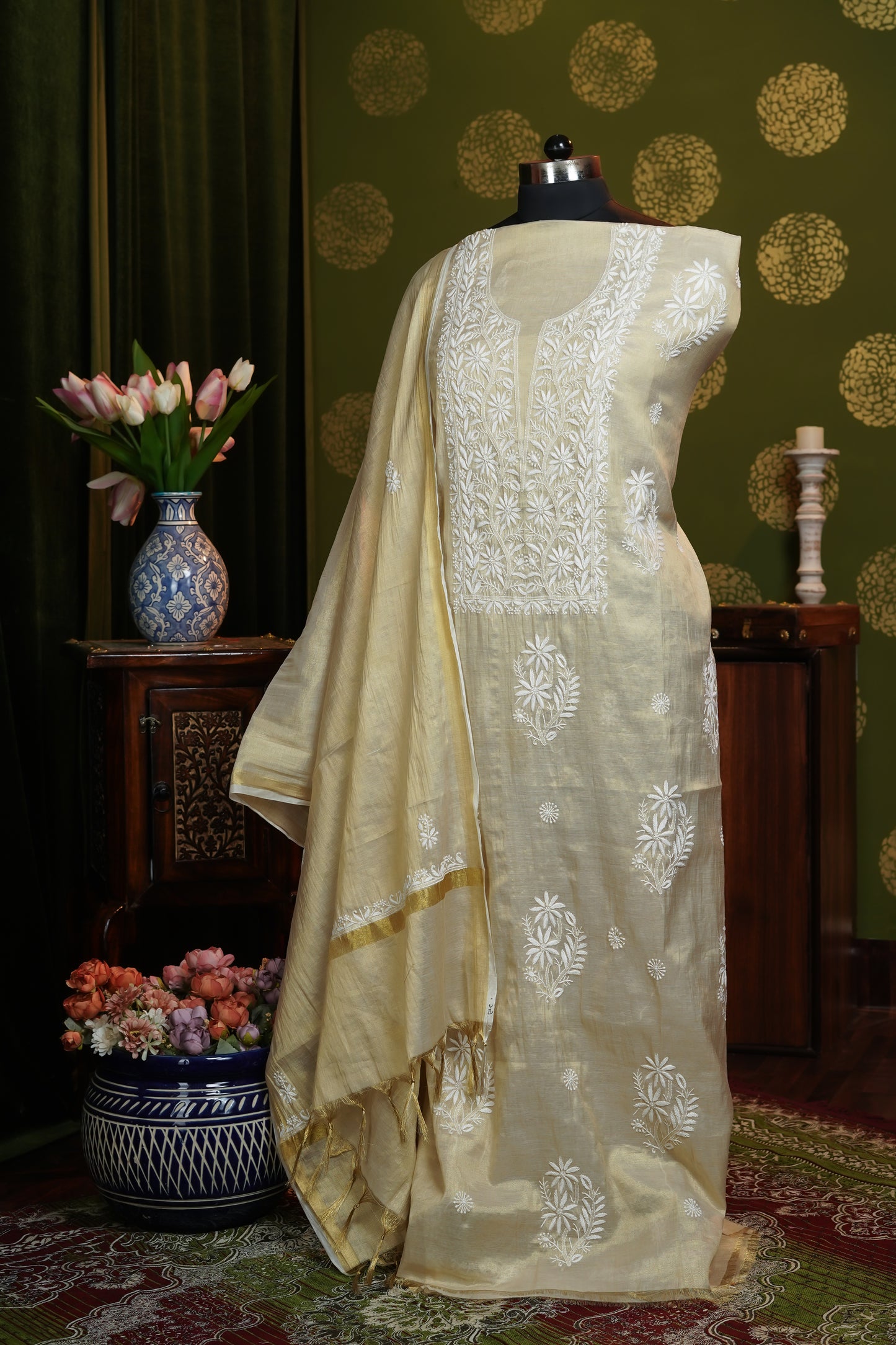 Dress material in Tissue fabric Neckline with Heavy boota - Only chikankari - dyable