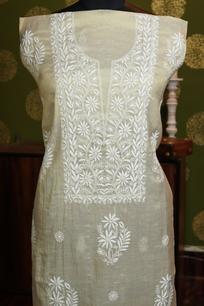 Dress material in Tissue fabric Neckline with Heavy boota - Only chikankari - dyable