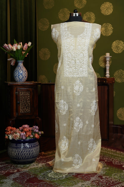 Dress material in Tissue fabric Neckline with Heavy boota - Only chikankari - dyable