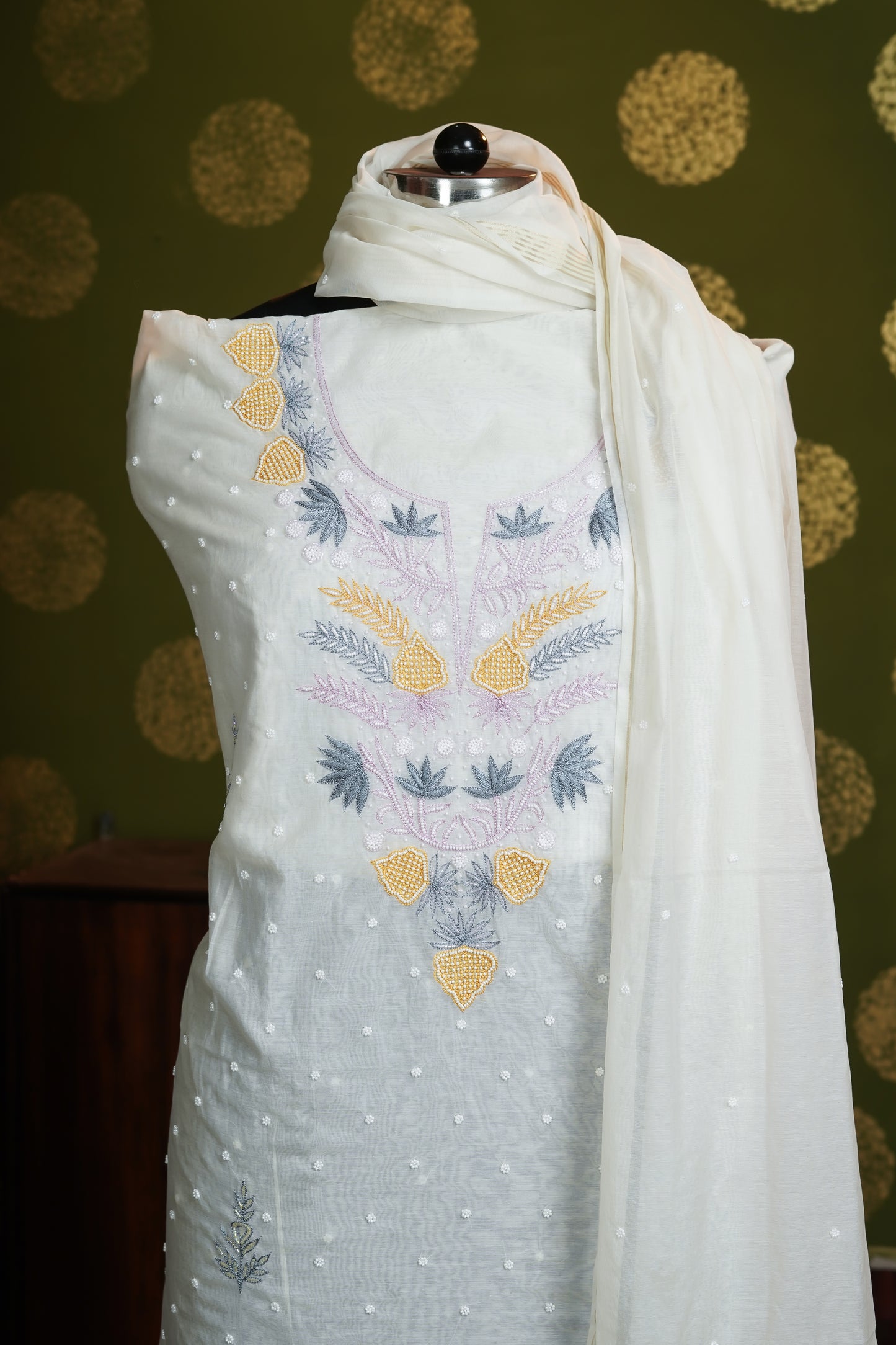 Mul chanderi multi color Resham work with Heavy neckline and pearl work