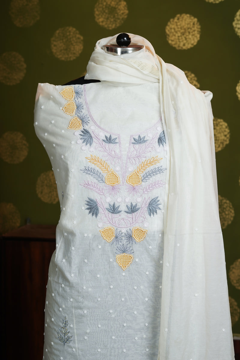 Mul chanderi multi color Resham work with Heavy neckline and pearl work