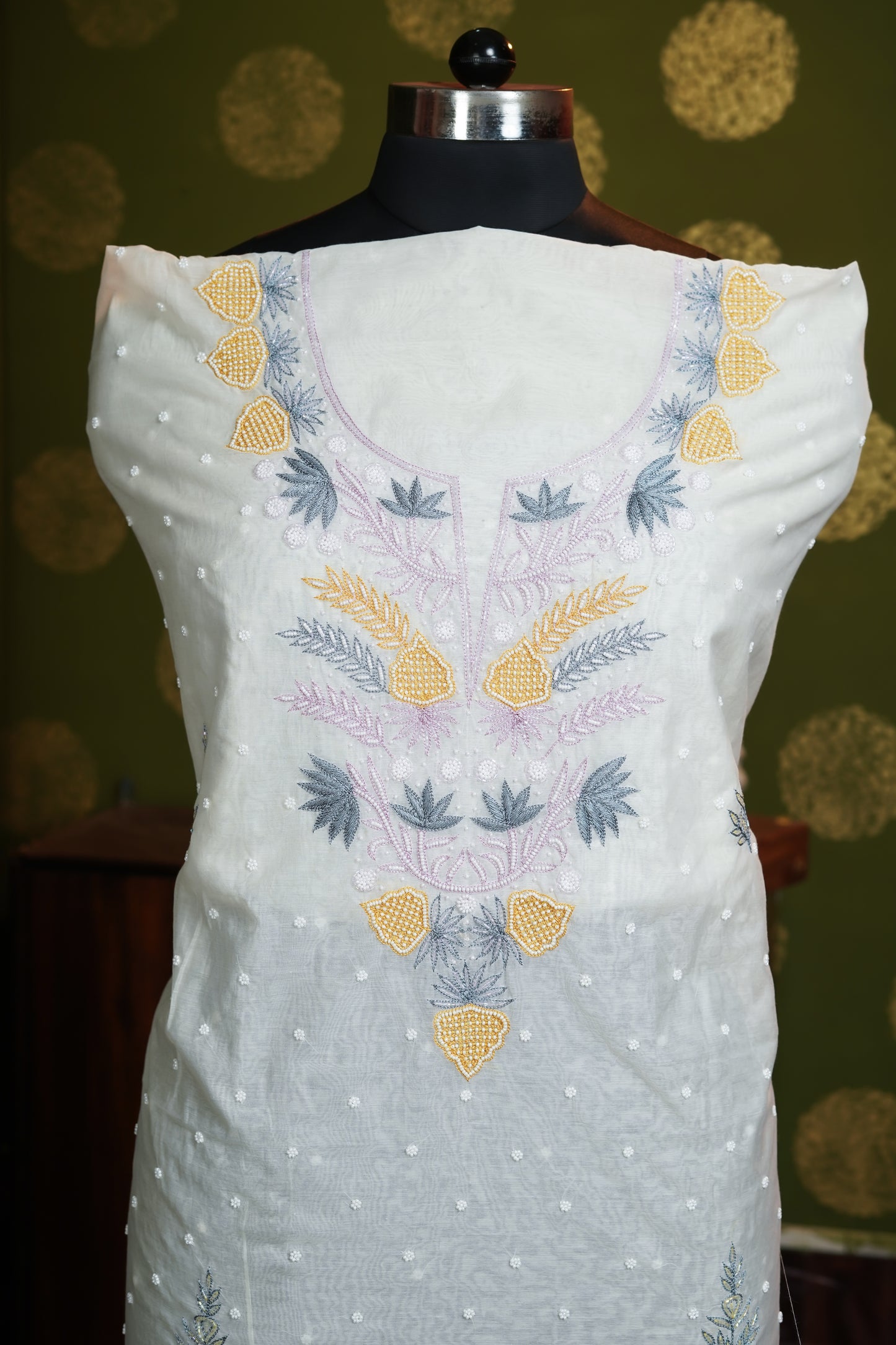 Mul chanderi multi color Resham work with Heavy neckline and pearl work