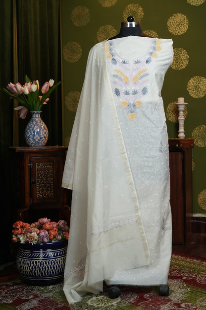 Mul chanderi multi color Resham work with Heavy neckline and pearl work