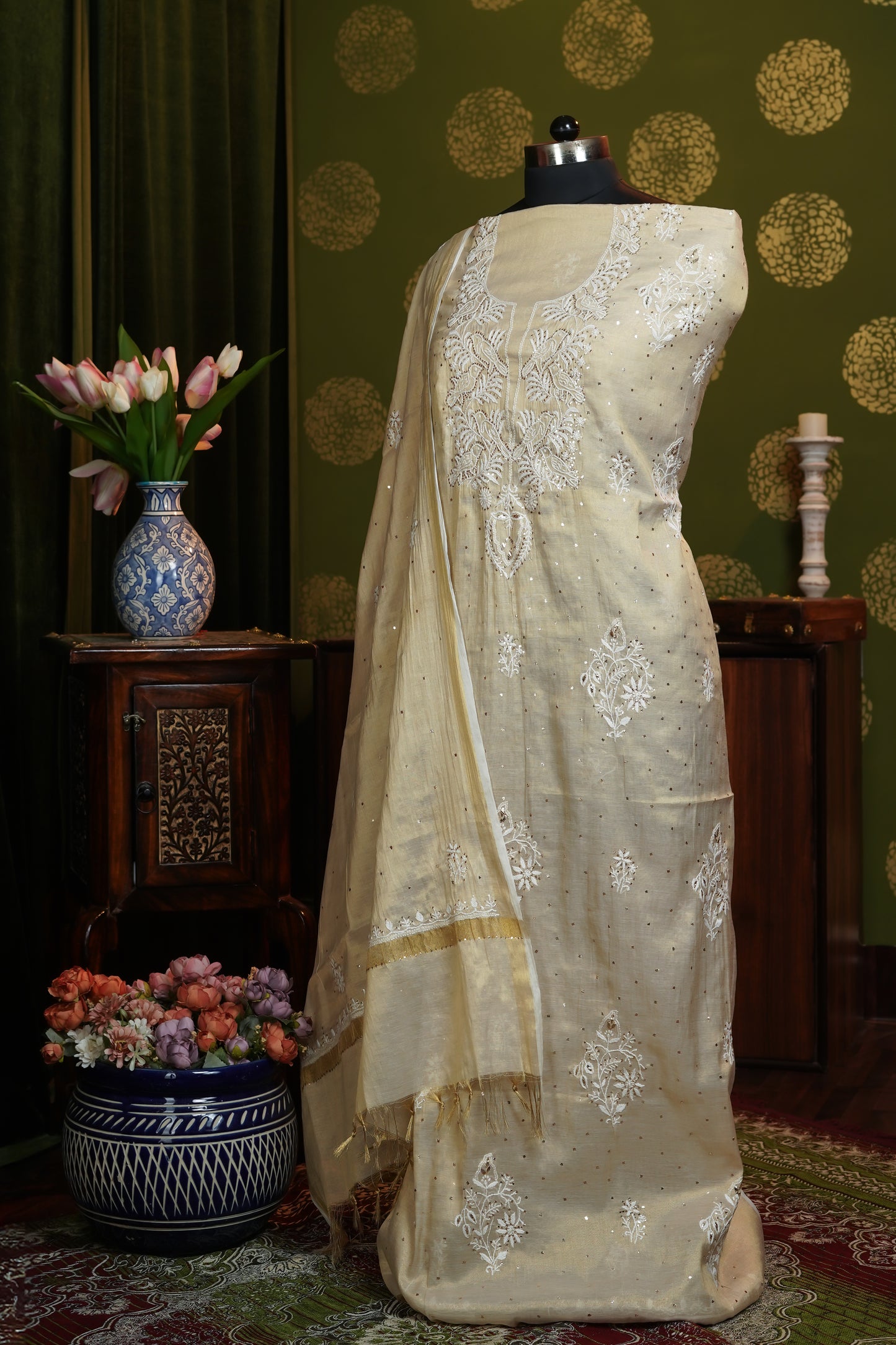 Dress material in Tissue fabric Neckline with Heavy boota with dupatta and Baadla work