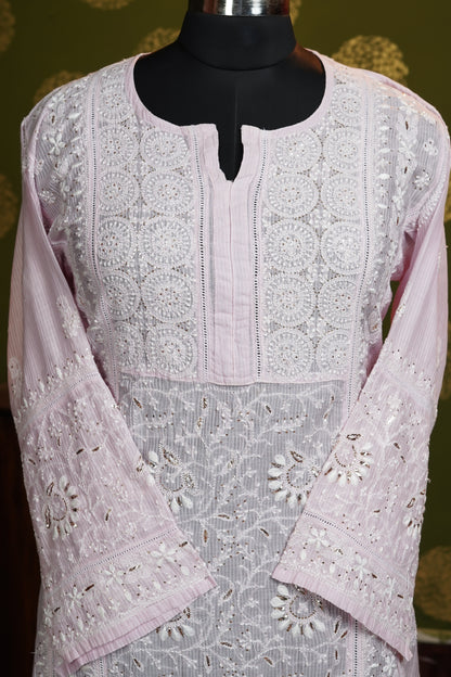 Semi stitched A line suite piece in Pure mul chikanakri with heavy dupatta and Mukaish work