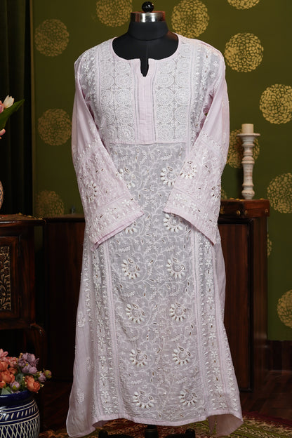 Semi stitched A line suite piece in Pure mul chikanakri with heavy dupatta and Mukaish work
