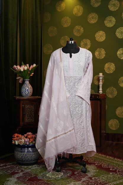 Semi stitched A line suite piece in Pure mul chikanakri with heavy dupatta and Mukaish work