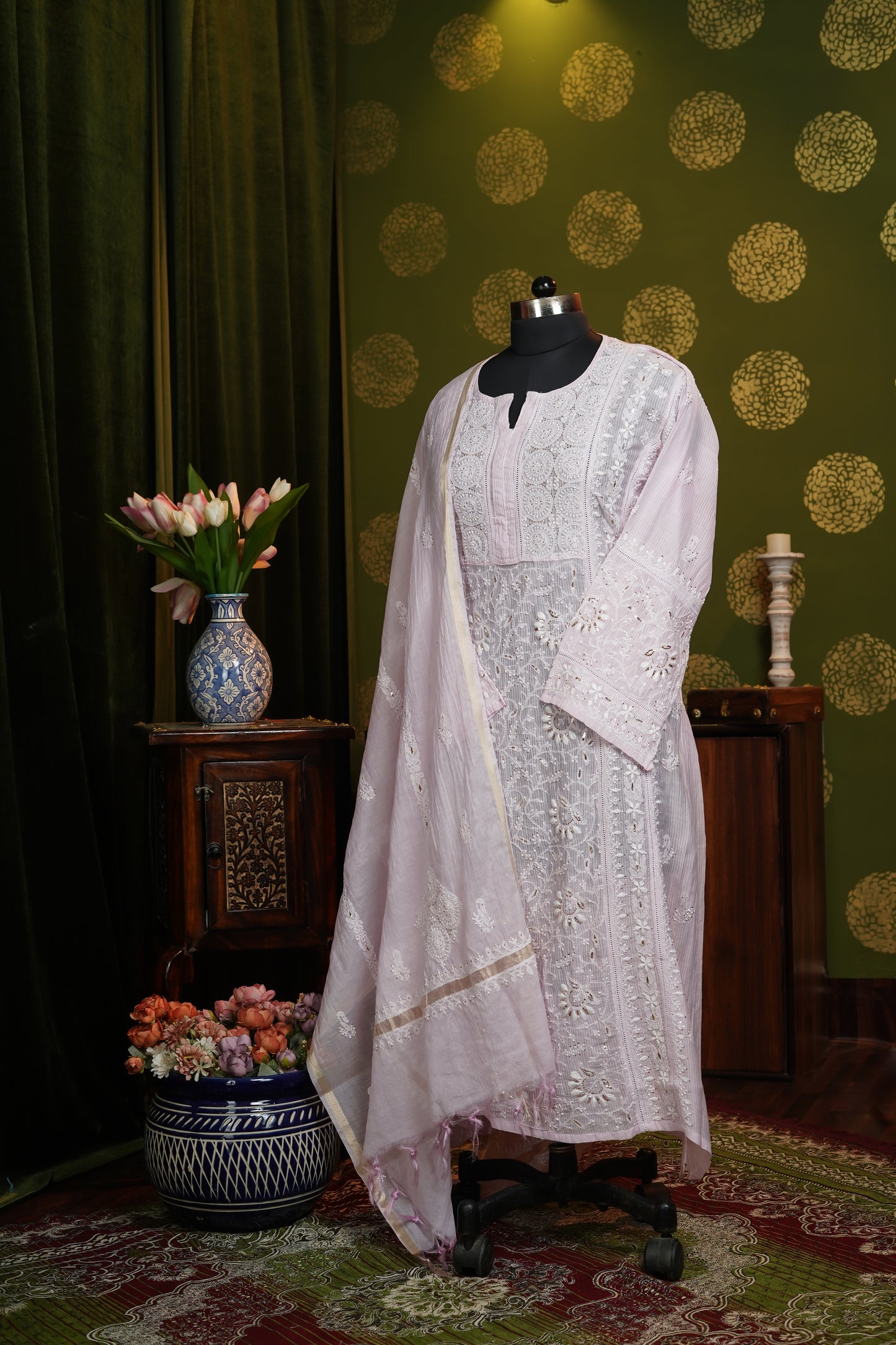 Semi stitched A line suite piece in Pure mul chikanakri with heavy dupatta and Mukaish work